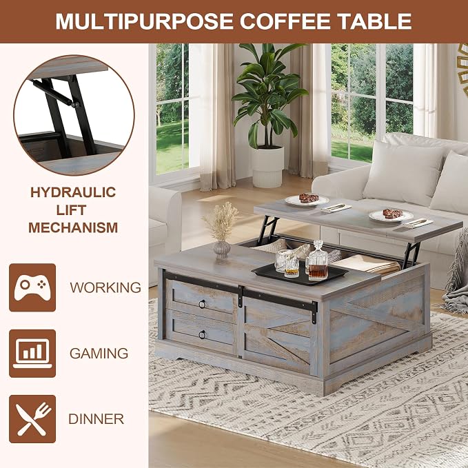 Itaar 39.4'' Lift Top Coffee Table with Storage, Farmhouse Coffee Tables for Living Room, Square Coffee Table with Large Hodden Compartment & 2 Drawrs & Adjustables Shelves (Blue)