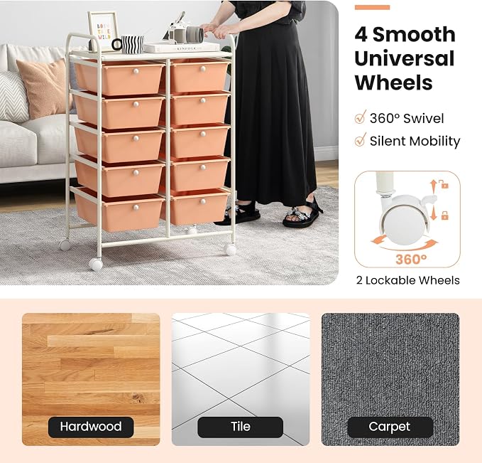 Giantex 10 Drawers Rolling Cart, Classroom Organizers, Storage Cart with Wheels, for Teacher Office Home School Supplies Tool Craft Art Paper, Peach Fuzz