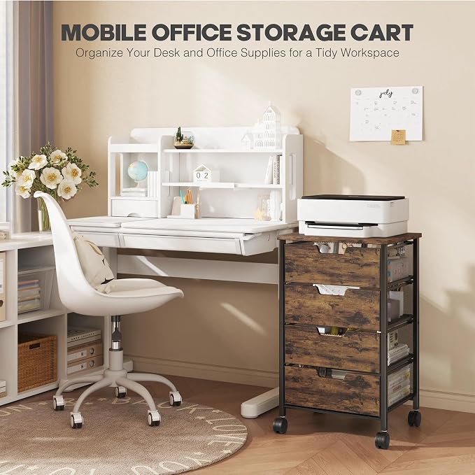 Rolling Cart with Drawers, Wooden Top and Front, with Wheels Metal Under Desk Storage Cart with 4 Drawers, for Office, Bedroom, Classroom, Home, Rustic Brown