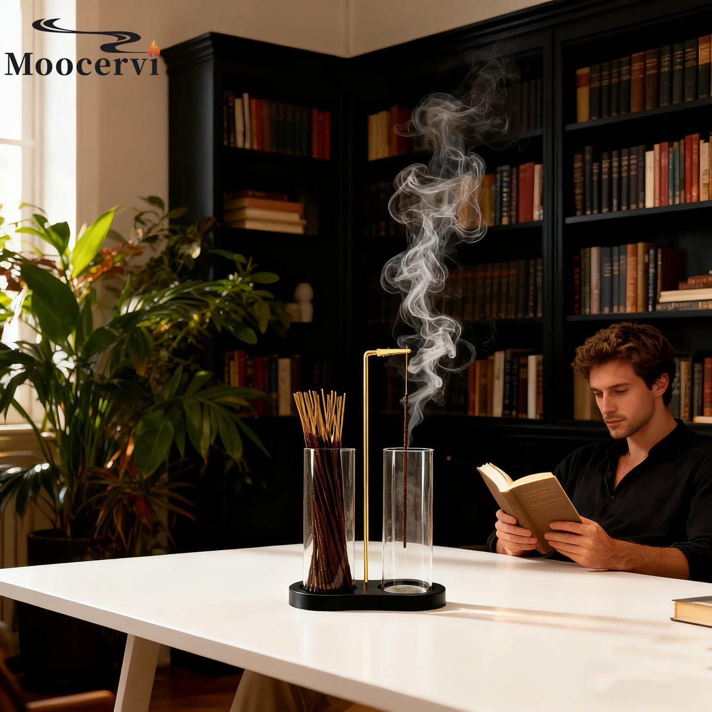 Moocervi Glass Incense Holder, Black Incense Sticks Burner Holder with Storage,Hang Upside Down Incense Holder for Sticks with Glass Ash Catcher for Meditation Yoga Spa Room Decor (Black)