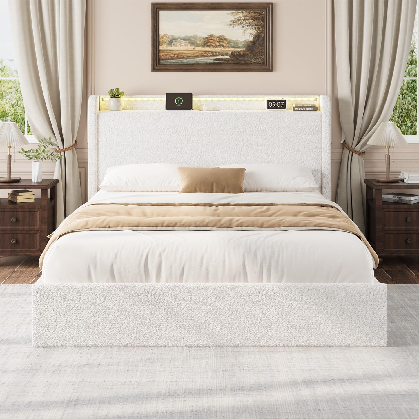 GarveeHome Boucle Queen Size Bed Frame, Cloud Cream Platform Bed Frame with 4 Storage Drawer and Upholstered Headboard, Soft Boucle Fabric, No Box Spring Required, Easy Assembly, White