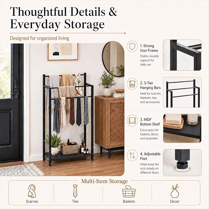 Freestanding Towel Rack, 3 Tier Blanket Ladder Stand with Black Wooden Shelf for Bathroom Living Room (31.5" H x 16.9" W x7.9 D)