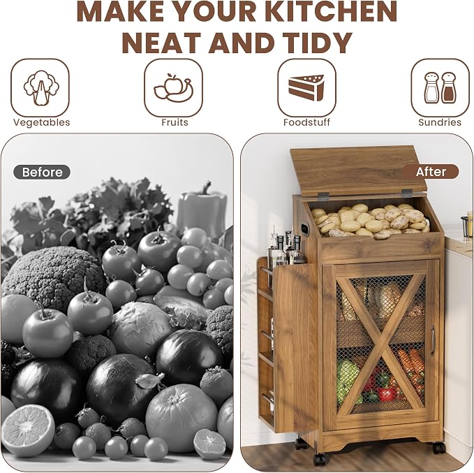 Potato and Onion Storage Bin, Movable Fruit and Vegetable Bin with Spice Rack, Wooden Large Bread Box, Farmhouse Potato Storage Cabinet for Kitchen, Pantry