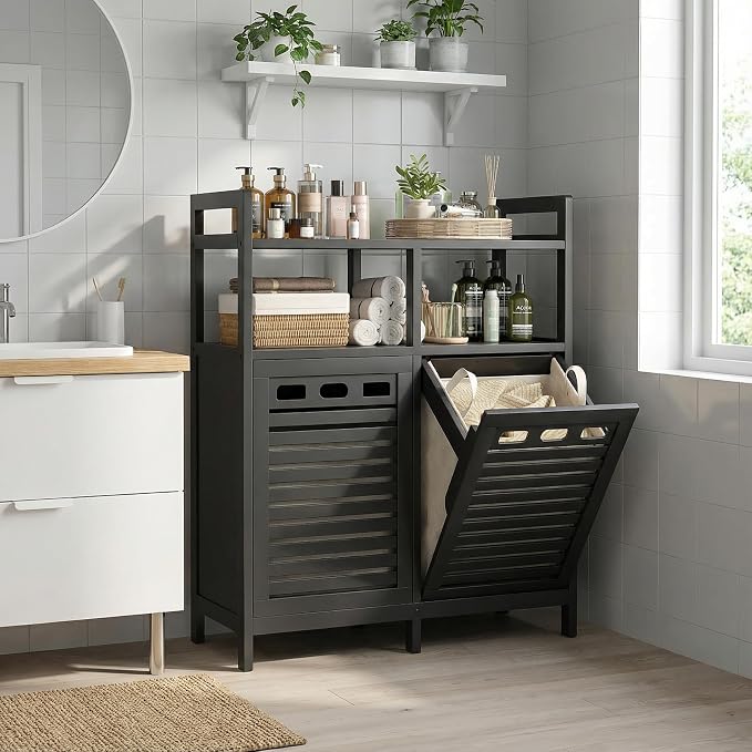 Homykic Tilt Out Laundry Hamper Cabinet, Bamboo Double Laundry Hamper with 2 Removable Laundry Baskets, 20 Gal Laundry Sorter Organizer with Shelf for Dirty Clothes, Bathroom, Laundry Room, Black