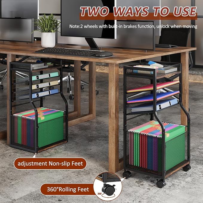 5-Tier Rolling File Cart with Lockable Wheels, Mobile File Cabinet for Hanging File Folders Sliding Trays, Under Desk Storage, Paper Organizer Utility Cart Filing Cabinet for Office, Home, School