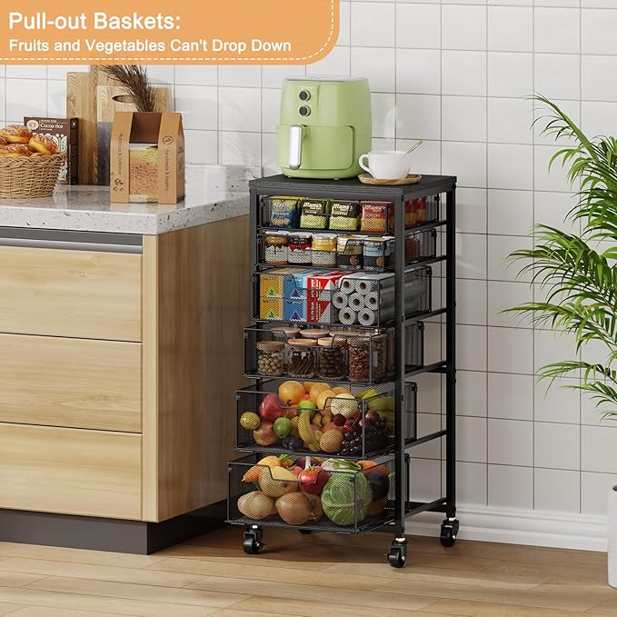 6-Tier Kitchen Storage Cart -Fruit Vegetable Storage Cart with Drawers, Wooden Top Metal Wire Kitchen Organizer and Storage Cart with Wheels to Storage Onions Potatoes Cans Snacks for Kitchen