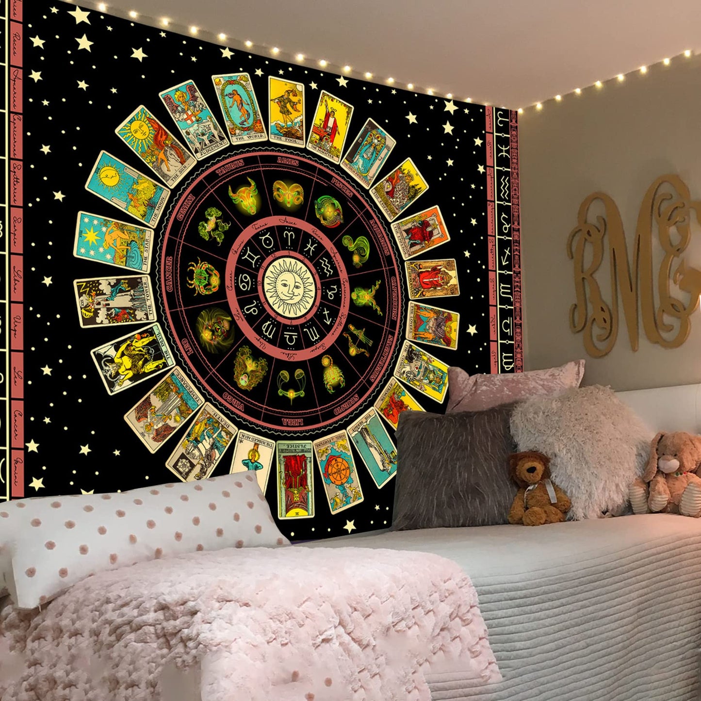 Simpkeely Blacklight Astrology Tarot Tapestry, Wheel of the Zodiac Spiritual Tapestries, UV Reactive Stars Constellation Decoration Wall Hanging Neon Tapestry for Bedroom Aesthetic - 44" x 59"