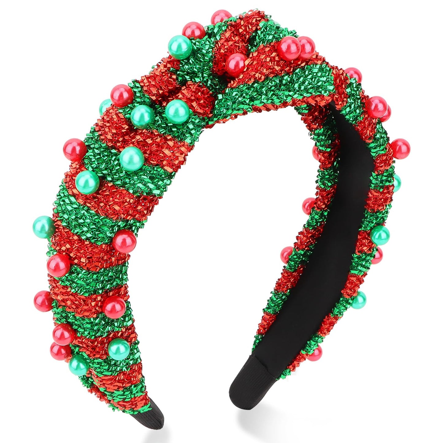 Jaciya Christmas Headband with Red Green Pearl Glitter Festive Knotted Headband for Women Girls Holiday Party Headpiece