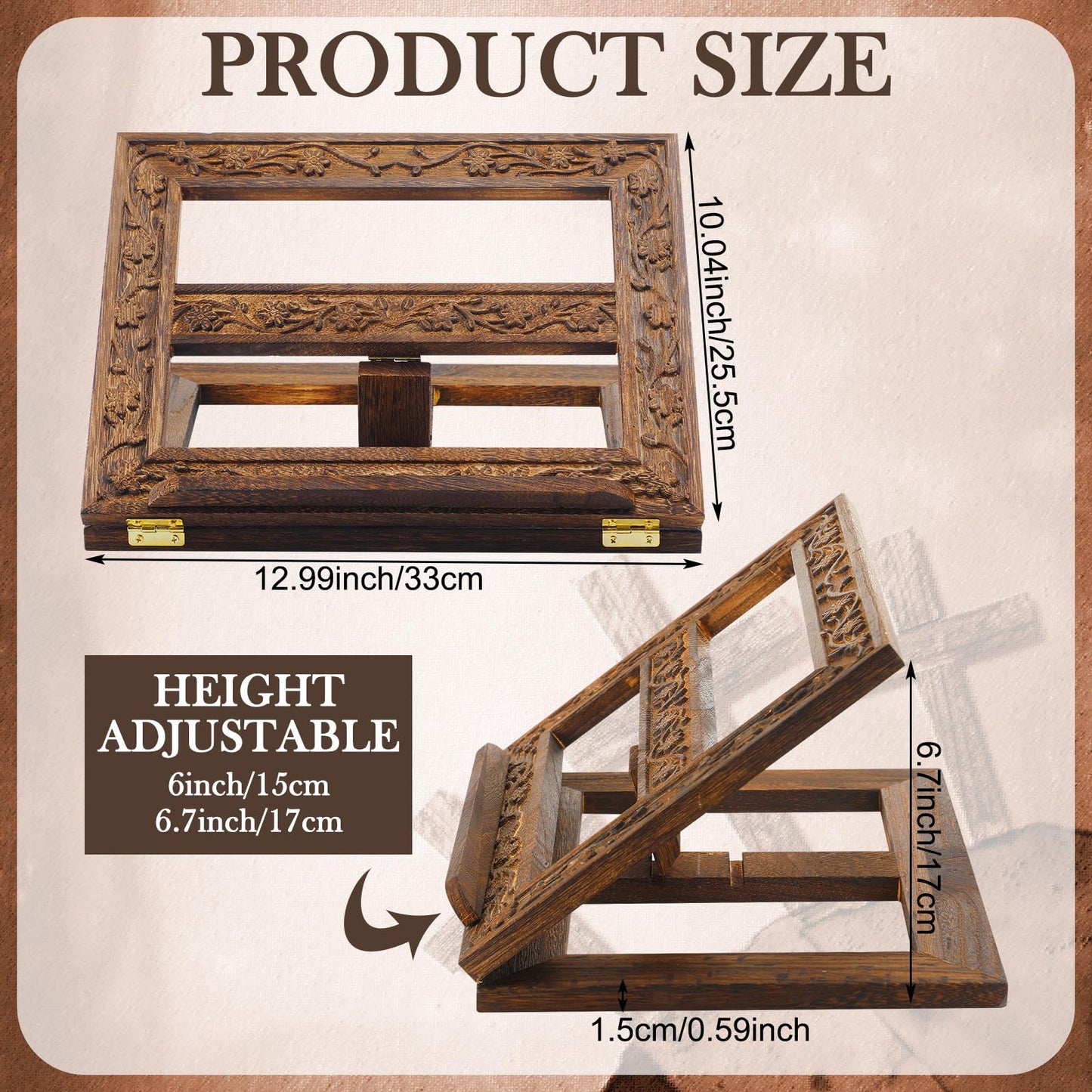 DoubleFill Adjustable Wooden Bible Stand Carved Bible Holder Missal Stand Book Display for Reading Folding Religious Prayer Wooden Holy Book Holder 12.99 x 10.04 Inches(Dark Brown)