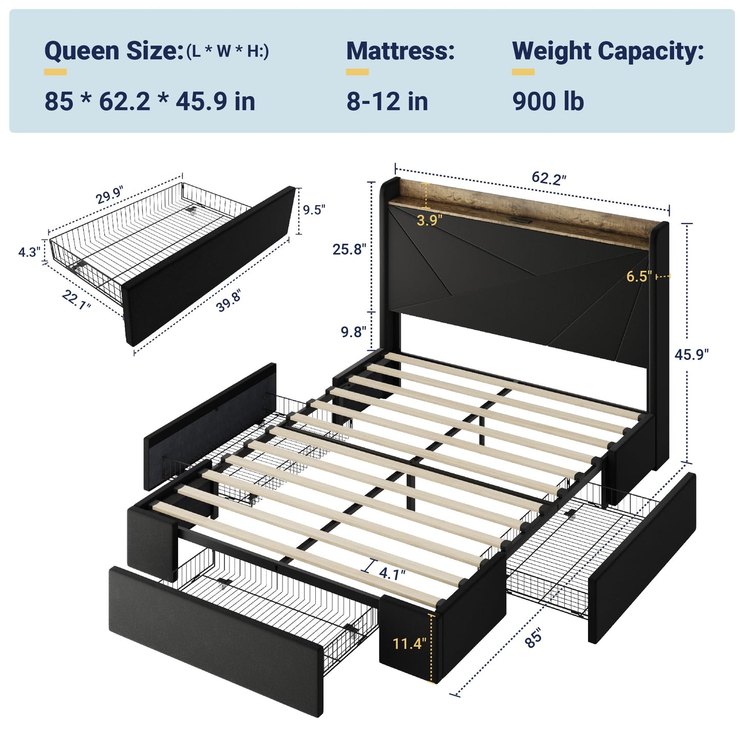 Allewie Queen Size Velvet Bed Frame with 3 Storage Drawers, Upholstered Platform Bed with Wingback Storage Headboard and USB Ports, No Box Spring Needed, Easy Assembly, Black