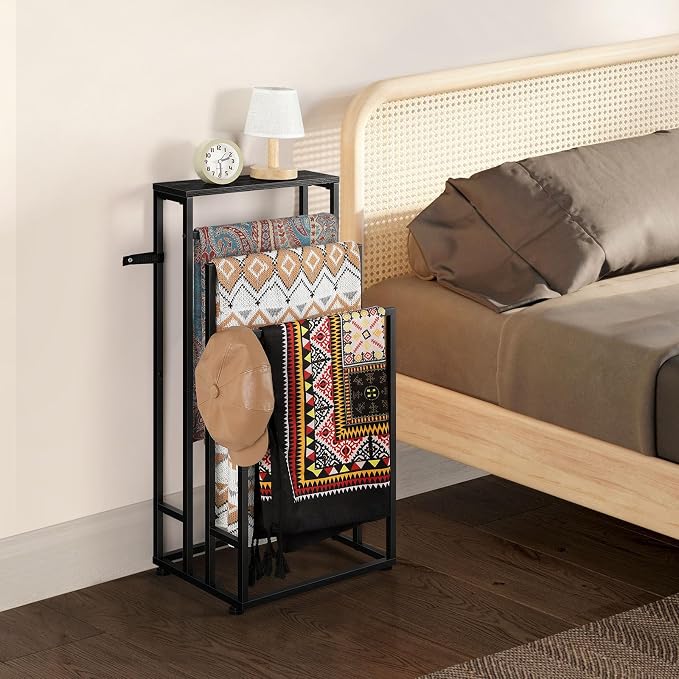 Freestanding Towel Rack for Bathroom 3 Tier Metal Floor Towel Stand Industrial Blanket Ladder Holder with Storage Shelf for Bedroom Living Room, Black