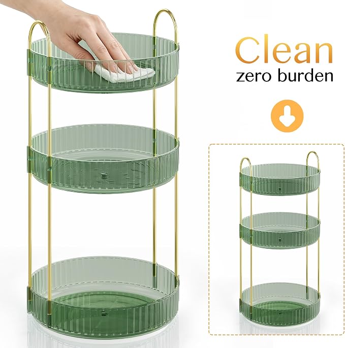 Rotating Makeup Organizer Countertop,Skincare Organizers,Spinning Perfume Tray Stand,Makeup Storage Organizer for Vanity,Bathroom Organizer and Storage,Lazy Susan,3 Tier,Green