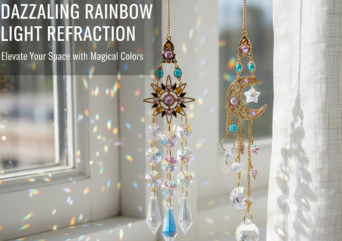 Sun Moon Crystal Suncatcher Set - Rainbow Maker Window Hanging Ornament for Home Garden Car Decor & Spiritual Gift (2-Pack)