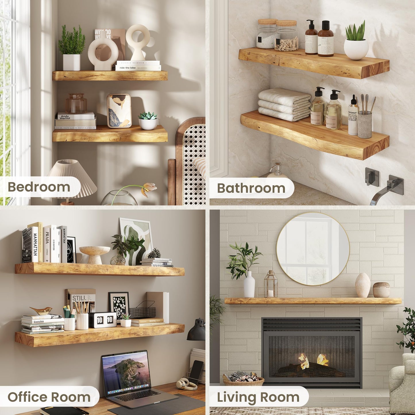 Floating Shelves for Wall, Solid Elm Wood 20 x 8 Inch Live Edge Floating Shelves Set of 2, Natural Edge Wall Shelves with Invisible Brackets, Rustic Wood Decor for Living Room Bedroom Kitchen, Natural