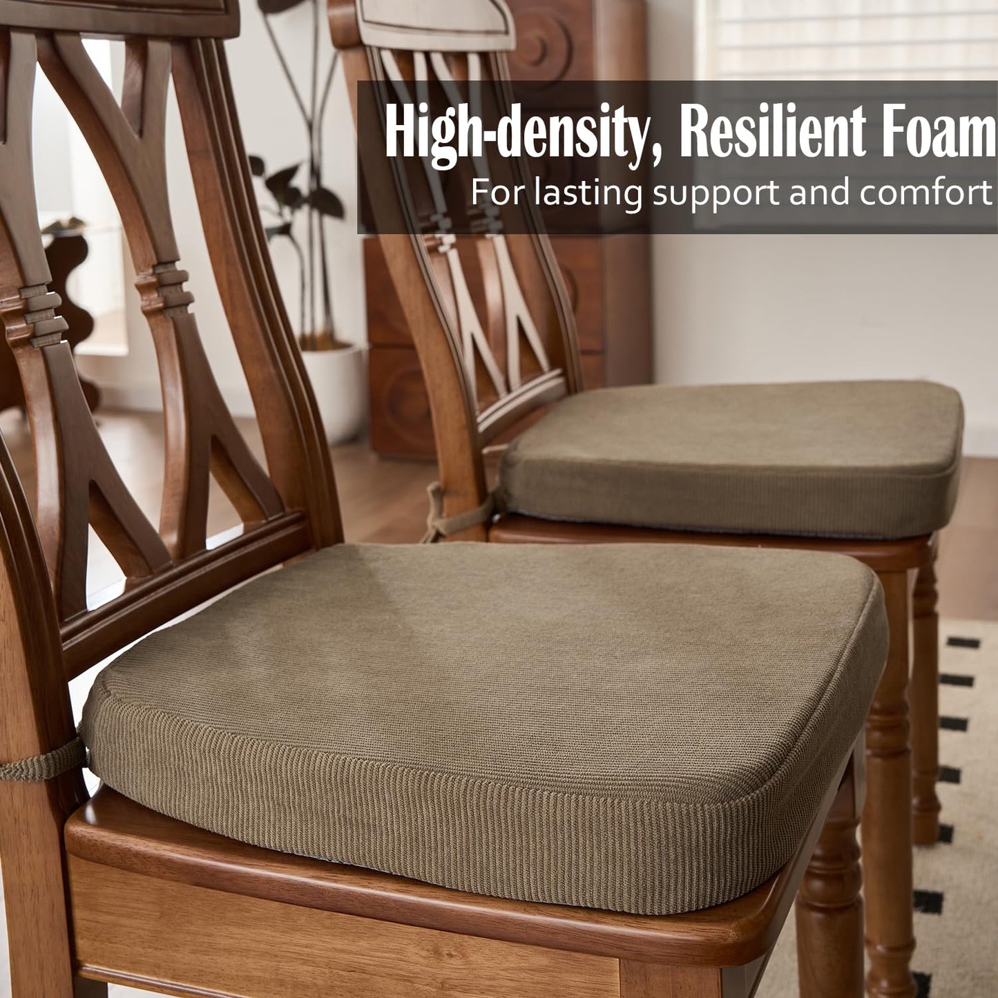 Nobildonna 2'' Thick High-Density Foam Indoor Chair Cushions | Dining Chair Pads with Ties, Removable Washable Cover, Kitchen Chair Cushions 17"x16",Light Brown 4 Pack