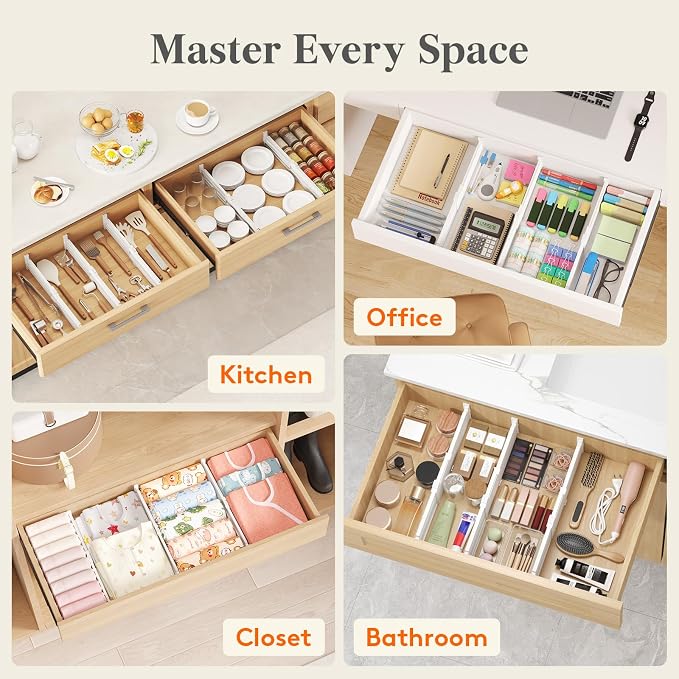 Lifewit Drawer Dividers for Clothes, 3.2" High 10.5"-16.5" Expandable Dresser Drawer Organizers, Adjustable White Plastic Separators for Kitchen, Cabinet, Nursery, Socks & Underwear Storage, 6 Pack