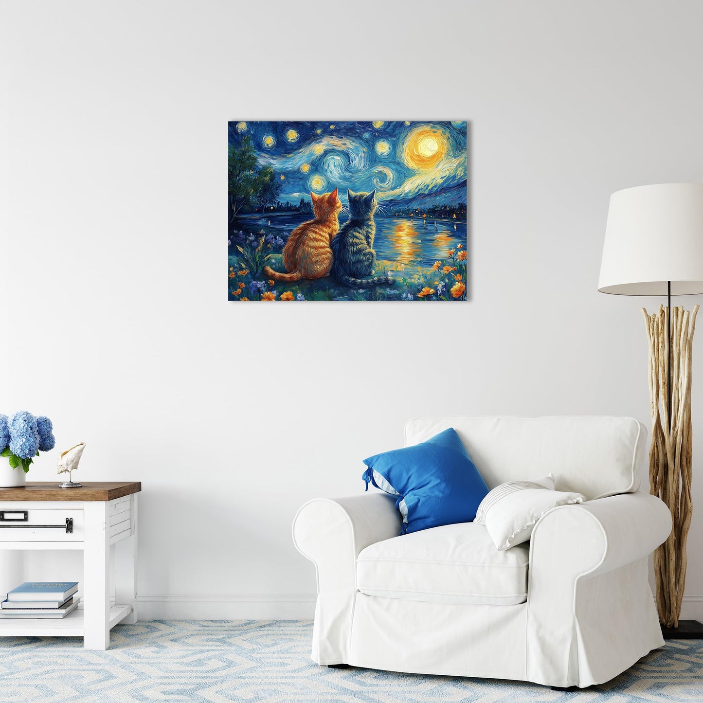 Ypxzzj Van Gogh Starry Night With Cartoon Cats Canvas Wall Art,Night Starry Pictures Paintings Wall Decor, Animal Cats Artworks for Bedroom Living Room Wall Decor Framed Ready to Hang