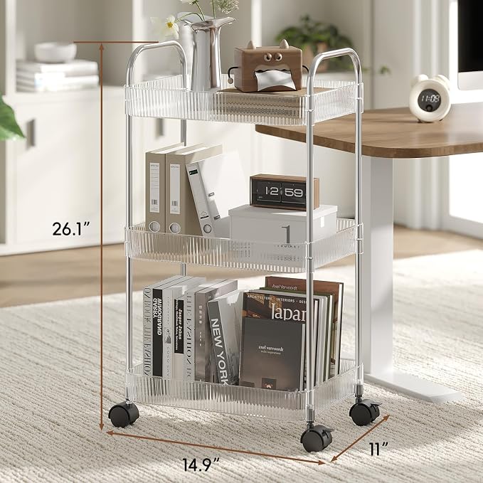 STARLATTA 3 Tier Rolling Cart with Lockable Wheels, Clear Acrylic Utility Trolley with Handle, Heavy-Duty Storage Organizer for Kitchen Bathroom Nursery Laundry - Snack Book Craft Organizer (Clear)
