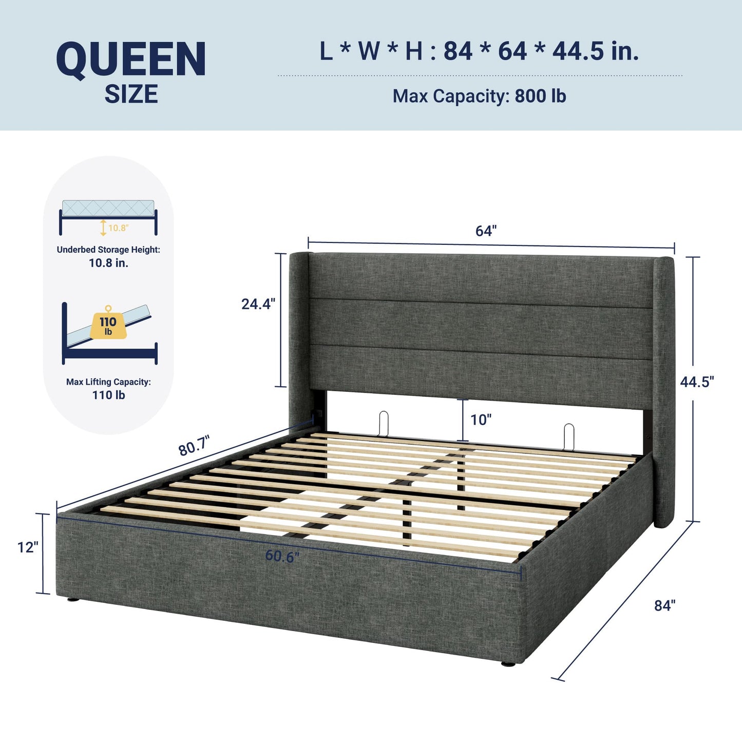 Allewie Queen Size Lift Up Storage Bed, Modern Wingback Headboard, Hydraulic Support, No Box Spring Needed, Dark Grey