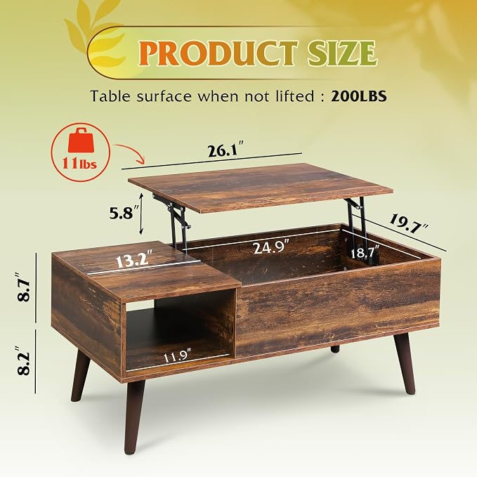 WLIVE Coffee Table with Storage & Lifting Top for Living Room, 21" Small Lift Top for Small Space Apartment, 31" Wooden Multifunctional Coffee & Dining Center Table for Home Office Work, Rustic Brown