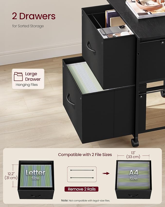 VASAGLE 2-Drawer File Cabinet, Mobile Printer Stand with Storage, Filing Cabinet for A4 Letter Size, Side Pockets, 23.6 x 15.7 x 26.8 Inch, Ink Black, Bellah Collection UOFC202BC01