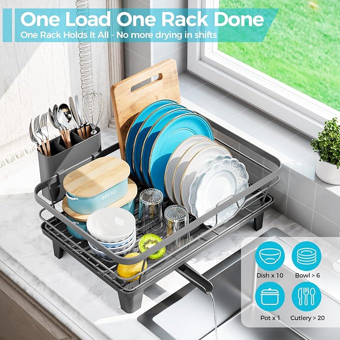Urackify Dish Drying Rack for Kitchen Counter, Sink Dish Rack with Drainboard 12.2" W x 16.5" L, Large Dish Drainer with Cutlery Holder, Home Countertop Plate Dryer Storage Rack, Gray