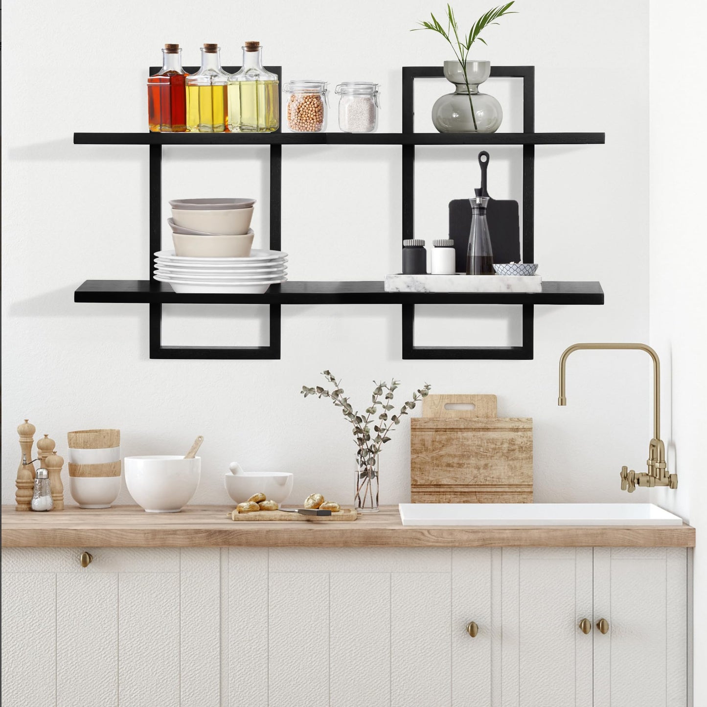 PHOENANCEE Floating Shelves for Wall,Display Hanging Shelf Set of 2,Modern Decorative Plants Shelves,Wood Home Decor Storage Chic for Living Room Bedroom Bathroom Office,Oak Frame,2-Tier Black