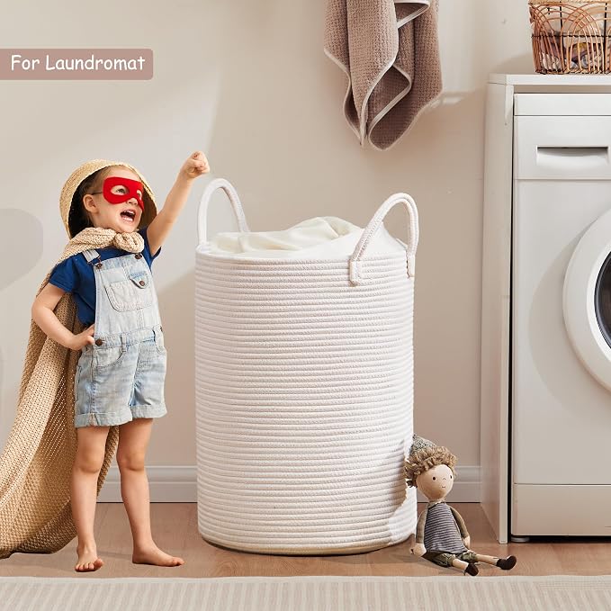 80L Extra Large White Hamper Tall Woven Laundry Basket Cotton Rope Blanket Basket for Living Room Clothes Hamper in Bedroom 16"L x 16"W x 22"H