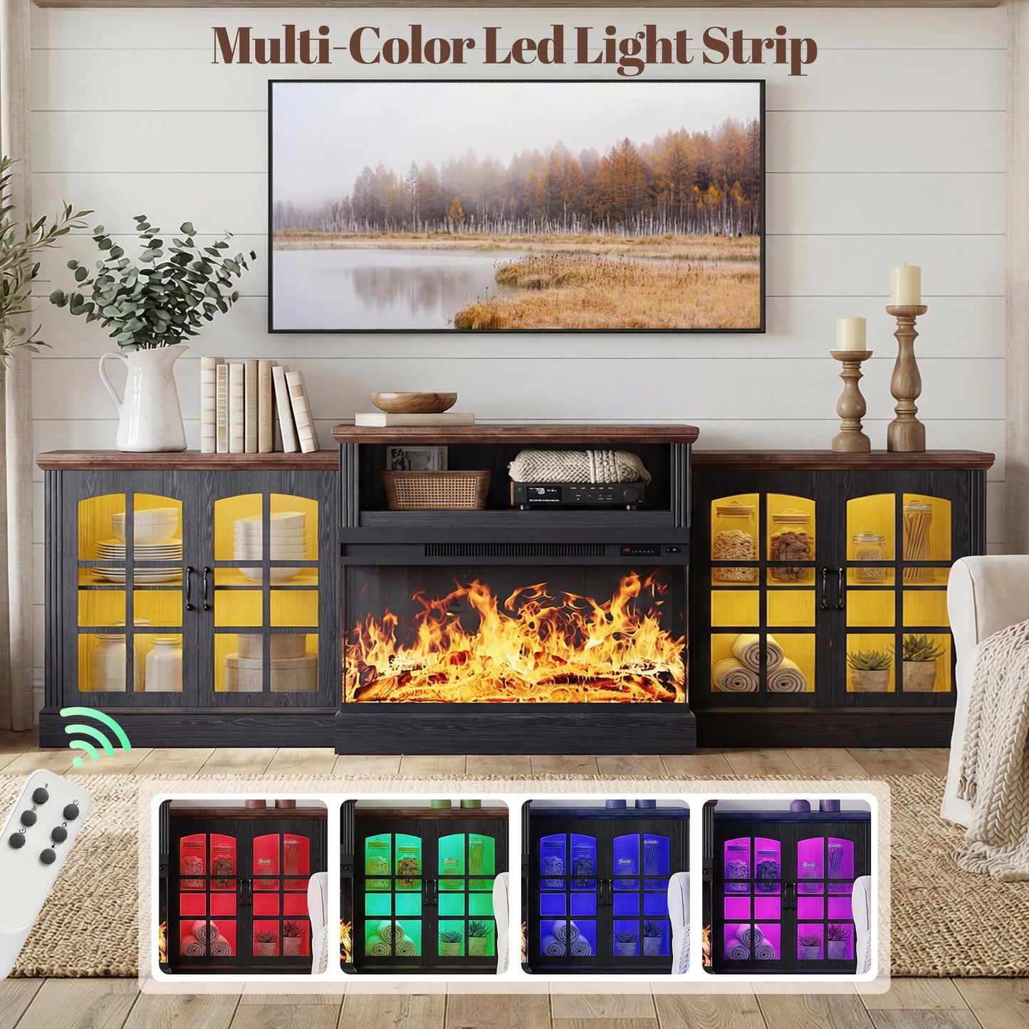 97" Farmhouse Fireplace TV Stand for TVs Up to 100", Entertainment Center with 36" 3-Sided Glass Electric Fireplace, 12 Flame Colors & LED Light Modes, Media Console for Living Room, Black
