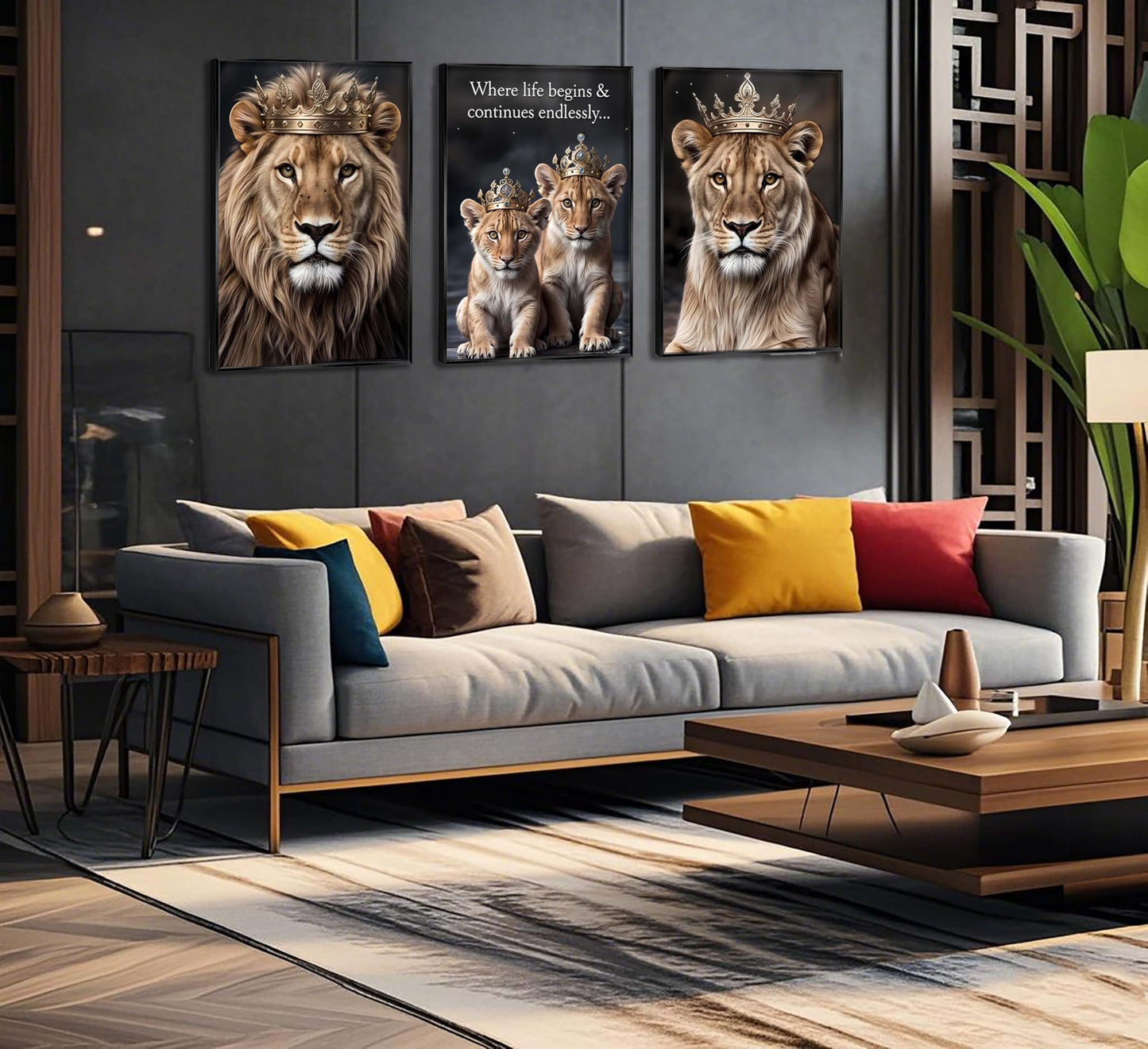 FJKLRP 3pcs Lion Family Canvas Wall Art The Lion King and Queen with Crown Prints Posters Modern Motivational Animal Wall Decor Paintings for Home Bedroom Living Room Office Decoration Unframed