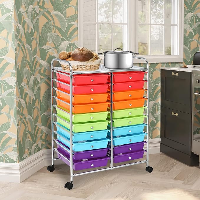COSTWAY 20-Drawer Rolling Storage Cart, Utility Storage Organizer Cart for Tools, Scrapbook, Paper, Craft, Multipurpose Storage Trolley on Wheels for Home Office School (Multicolor)