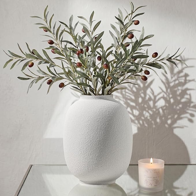 Large White Ceramic Vase, 9.85in Rustic Round Tall Vase for Table Centerpieces, Modern Homes Farmhouse Living Decor (Sandstone White)
