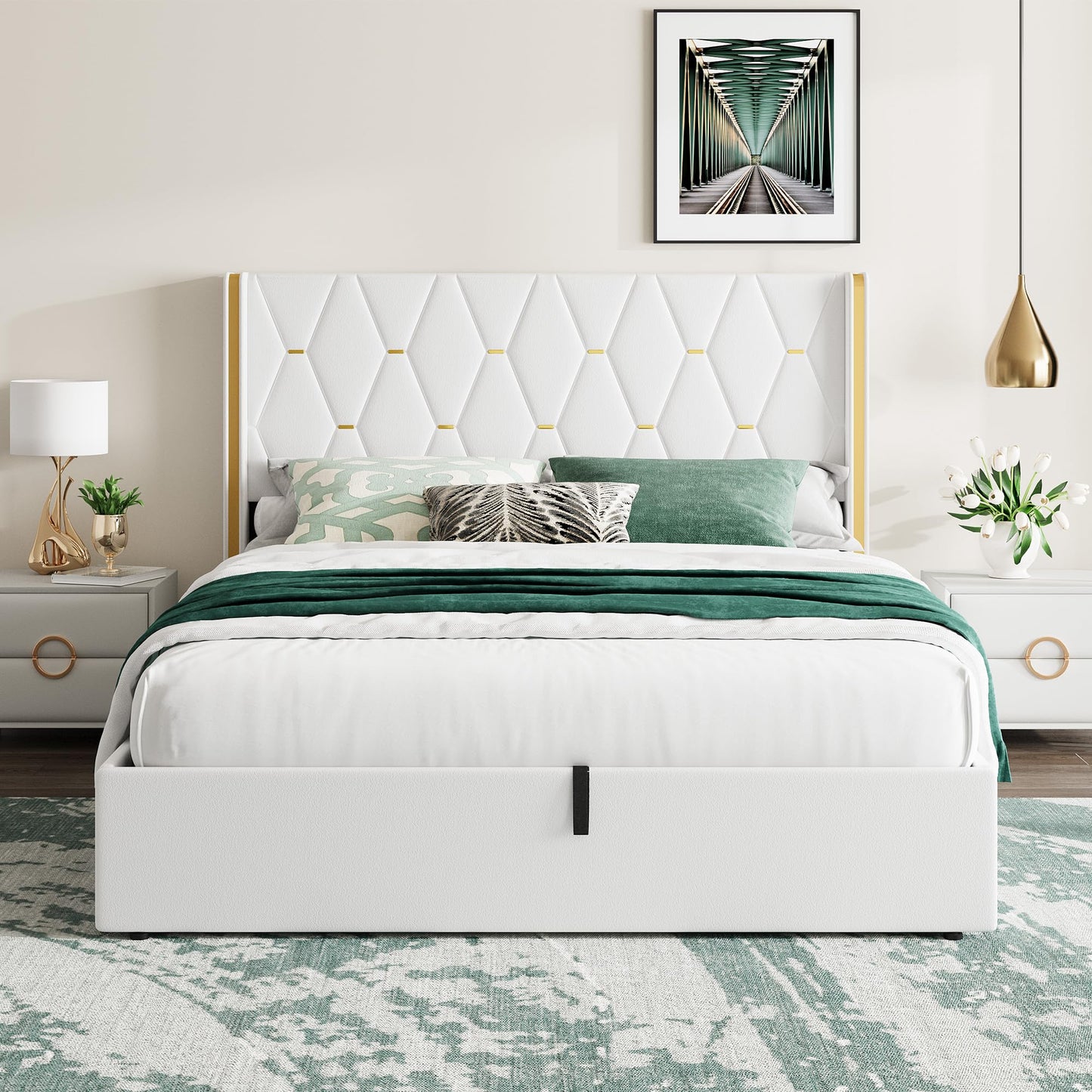 Garvee Queen Size Lift Up Storage Bed Frame with with Gold Wingback Headboard, Velvet Upholstered Bed Frame with Diamond Tufted Design & Gold Trim, Hydraulic Support, No Box Spring Needed, White