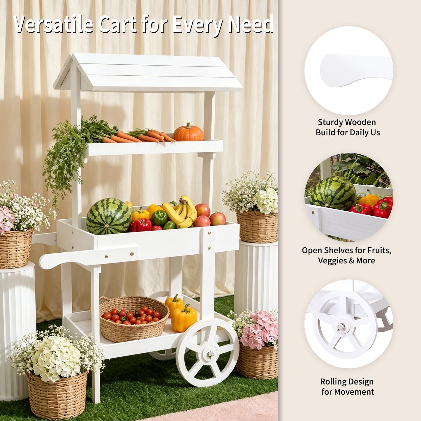Sicrifety Flower Cart Display Stand with Wheels, 3-Tier Wooden Candy Cart for Party, White Dessert Cart with Canopy Roof for Weddings, Bridal Shower, Baby Shower, Market & Event Decor