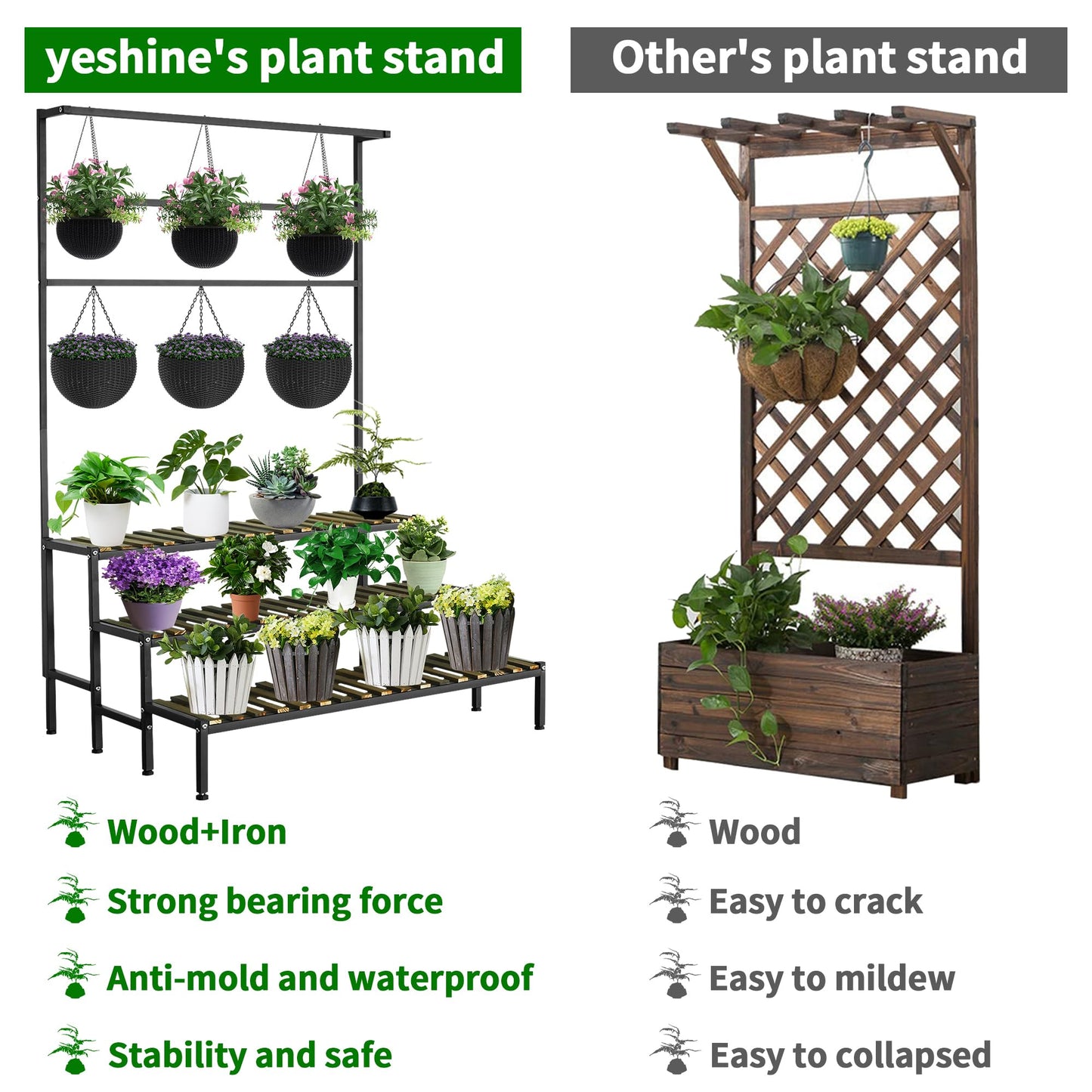 Large Plant Stand Indoor Outdoor, 3 Tier Heavy Duty Hanging Plant Stand with Bar, 60 Inch Tall Metal & Wood Ladder Shape Plant Shelf, Black Plant Display Rack Plant Shelves for Garden Patio Balcony