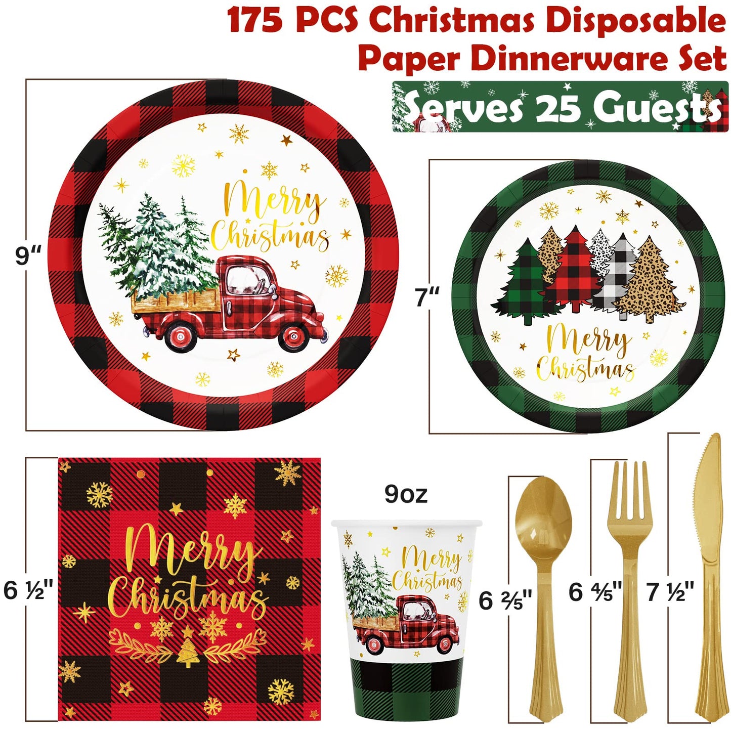 Christmas Party Decorations Supplies - 175 PCS Christmas Xmas Disposable Dinnerware Set(25 Guest) with Buffalo Plaid Truck Tree Paper Plates Napkin Cup Plastic Fork Knives Spoon for Holiday Decor
