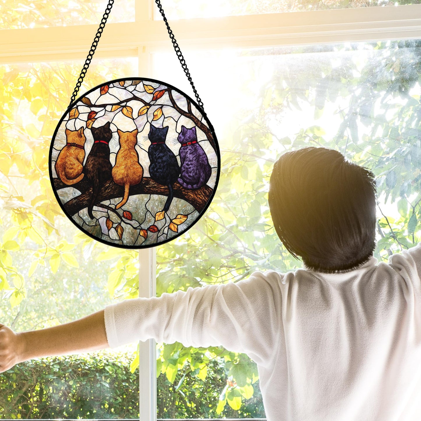 DASTOLL Stained Glass Window Hanging - 5 Cats on a Branch Suncatcher for Window Doors Home Decoration and Christmas, Mother's Day Father's Day Birthday Gifts for Women, Men, and Mom 9.8x9.8 in