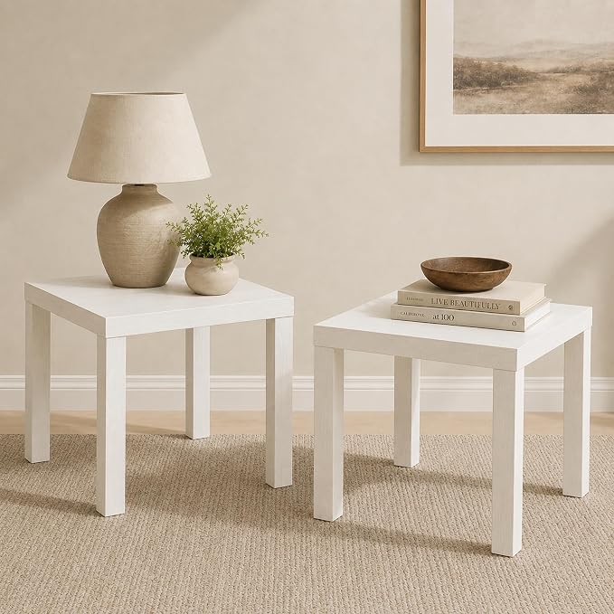 Furinno Classic Toolless Assembly Square Side Table Set of 2, White End Table with 1.8 Thick Tabletop, Night Stand, Bedside Table, for Living Room, Bedroom, Plain White