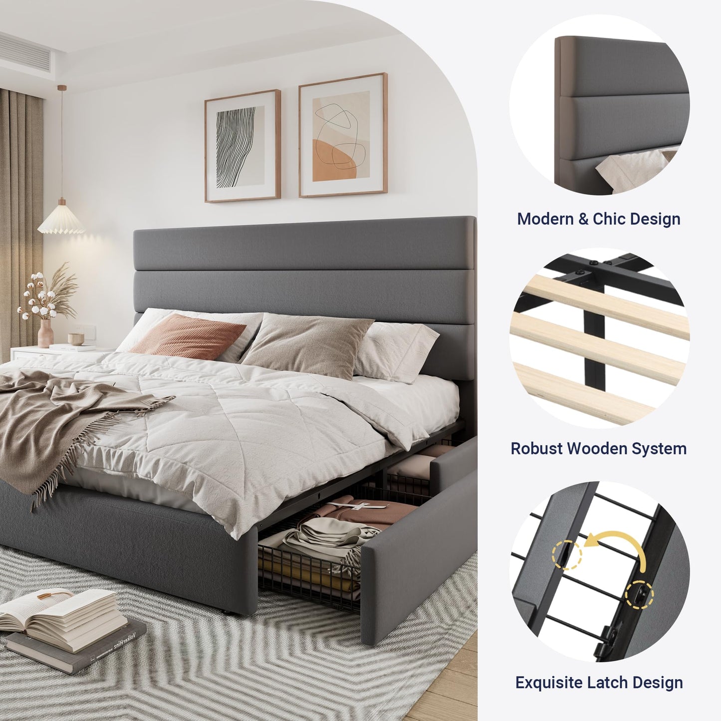 Allewie Modern Queen Size Platform Bed Frame with 4 Storage Drawers and Velvet Upholstered Headboard, Wooden Slats Support, Upholstered Mattress Foundation/No Box Spring Needed/Easy Assembly, Grey