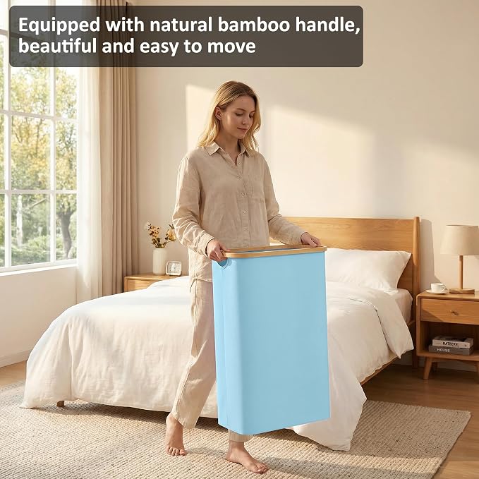 Slim Laundry Basket,60L Laundry Hamper with Lid, Tall Hamper for Laundry,Dirty Cloth Hamper with Bamboo Handle for Toys,Towels, Clothes Organizing, Light Blue