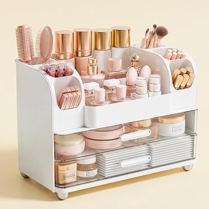 Makeup Organizer for Vanity with Drawers, Large Countertop Makeup Organizer - Skincare Storage, Brush Holder, Perfume & Cosmetics Display Case (White)