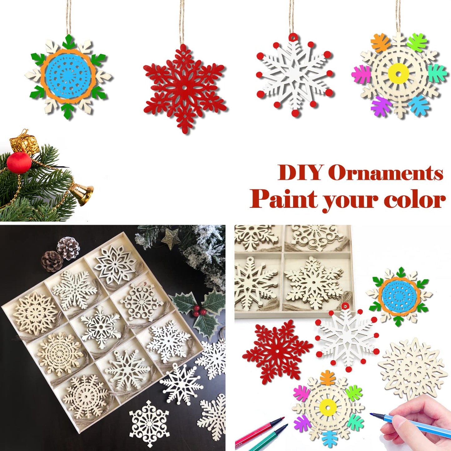 36pcs Large Christmas Wooden Snowflakes Hanging Ornaments DIY Craft Snowflake Wooden Ornaments Unfinished Wood Cutout Christmas Decorations Tree Decor Kids Paint