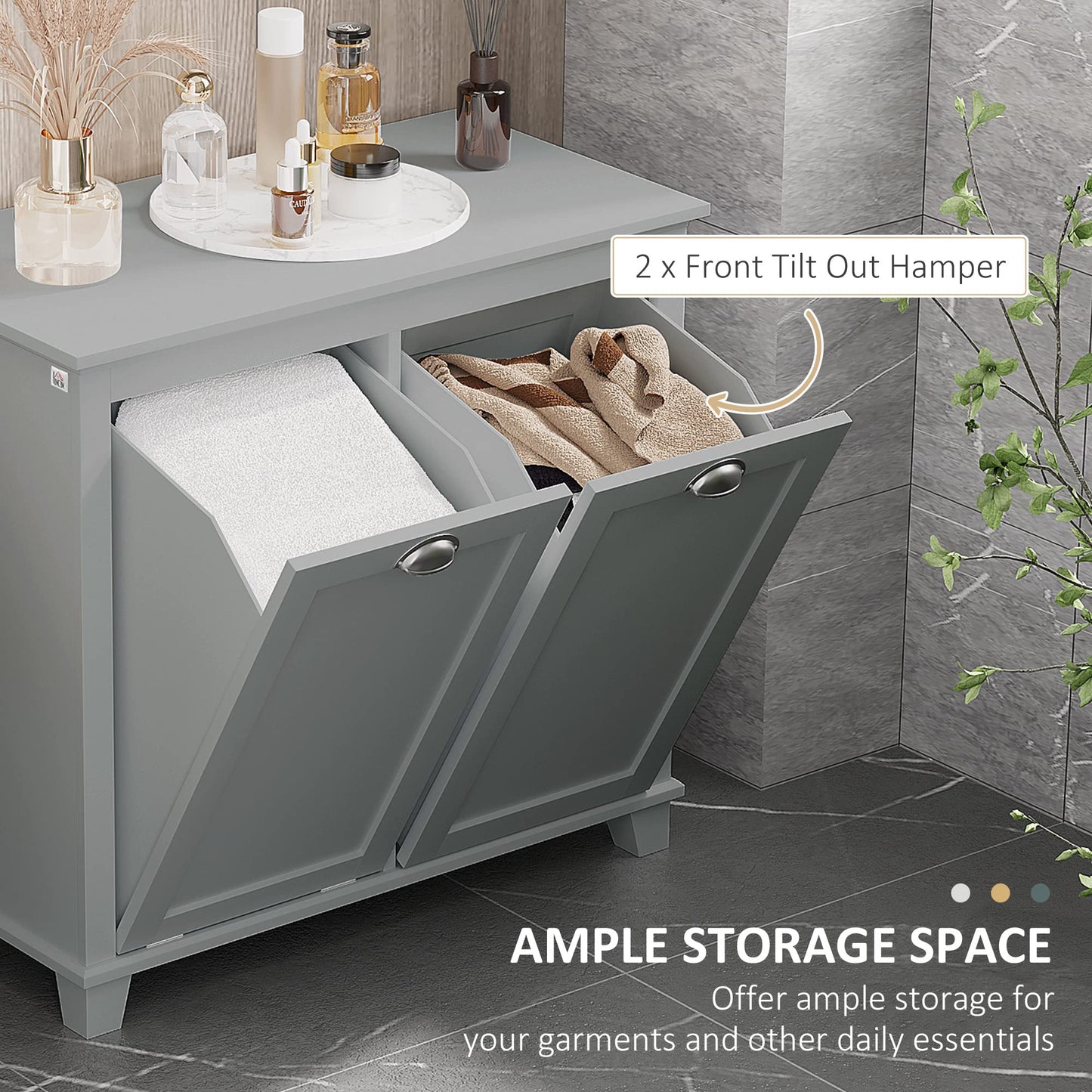 agnixnaf Laundry Sorter Cabinet,Bathroom Storage Organizer with Two-Compartment Tilt-Out Hamper,Gray