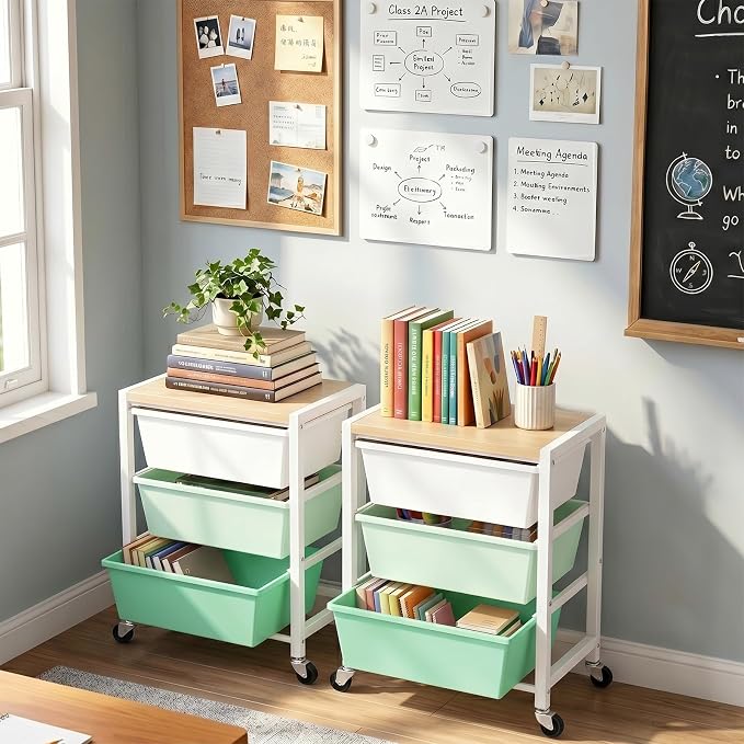 Rolling Cart with 3 Drawers, Plastic Drawer Storage Carts with Lockable Wheels & Wooden Tabletop, Metal Art Craft Utility Cart Organizer for Home Office Bedroom Dorm Bedside Classroom, Bright Green