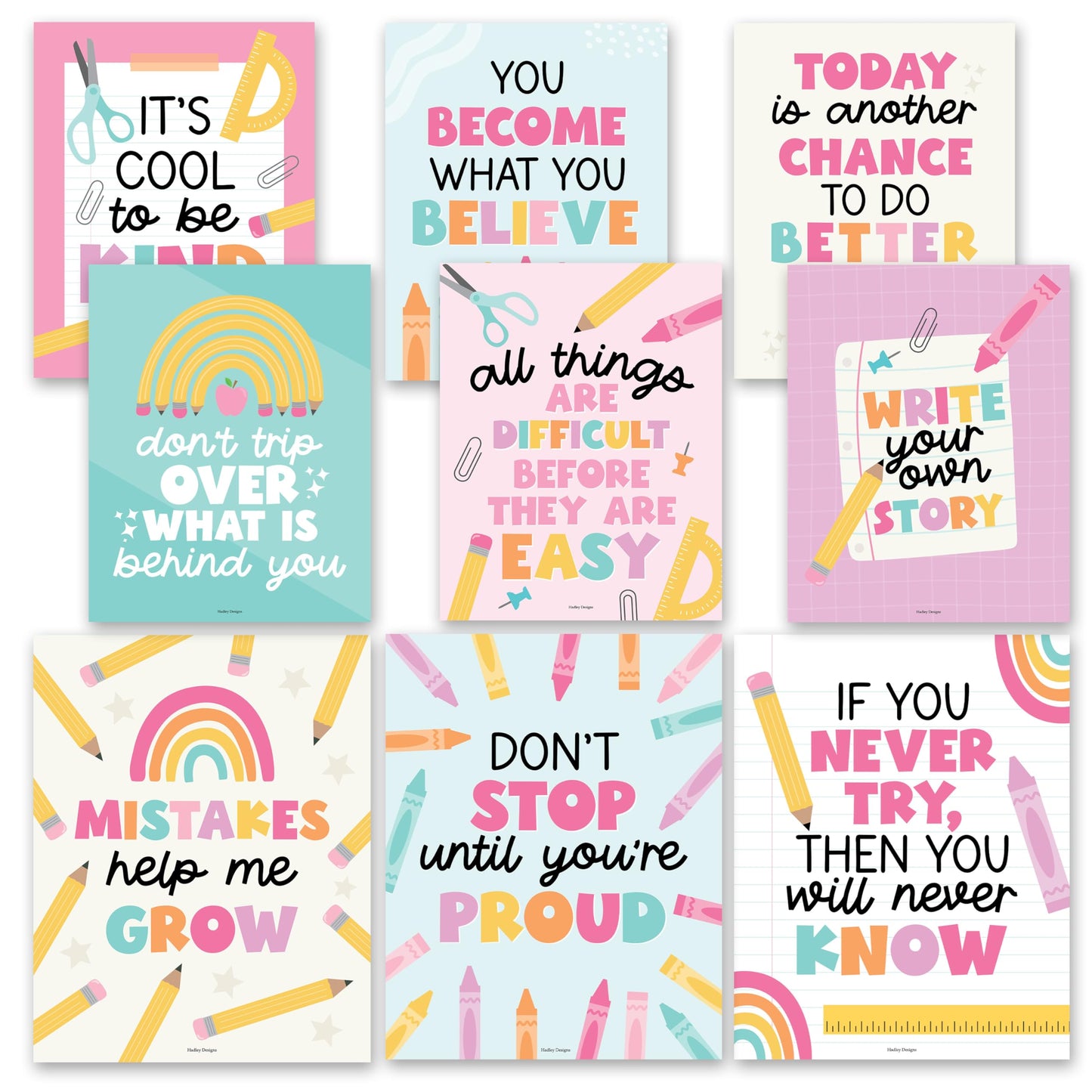 Hadley Designs Motivational Poster for Classroom Decor - 9 Growth Mindset Classroom Posters Elementary, Inspirational Wall Decor Middle School, Teacher Must Haves, Pastel Bulletin Board Decorations