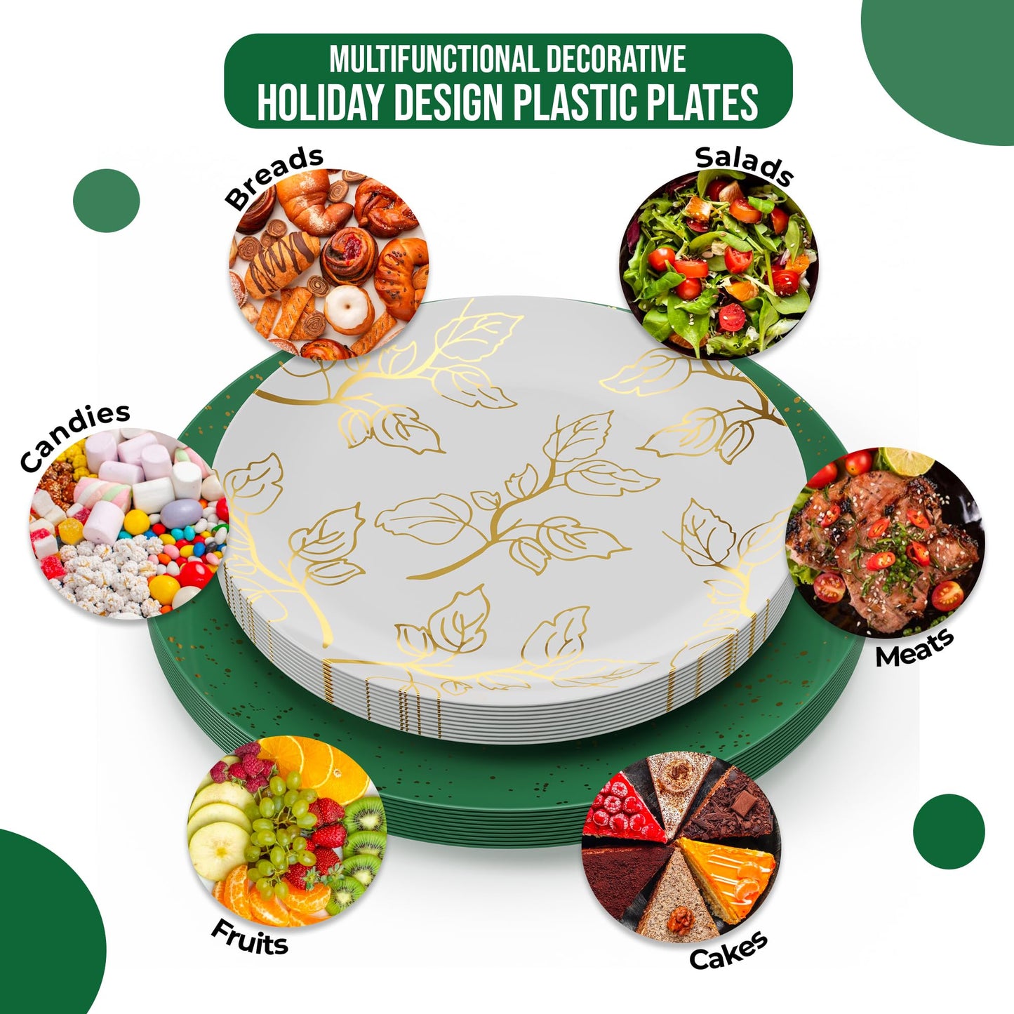 Trendables Christmas Plates Disposable 100 Pcs Christmas Dinnerware Set, Christmas Plastic Plates Set Includes: 20 10" Dinner Plates, 20 8" Dessert Plates & 20 Of Each Gold Forks, Knives & Spoons