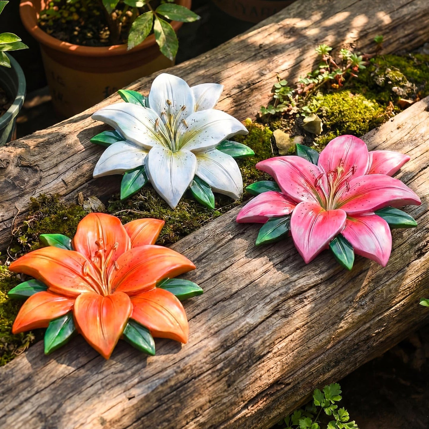 Cinnvoice 3 Pack Garden Stepping Stone Outdoor, Decorative Dimensional Resin Stepping Stones for Patio Pathway Landscaping Walkway Sculpture Yard Backyard Lawn(Lily,10 Inches)