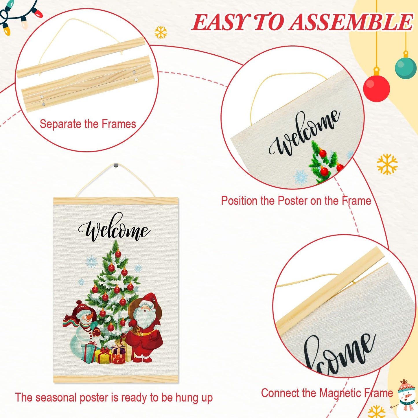Merry Christmas Wall Art with Wood Poster Hanger Set of 6 Christmas Tree Wall Decor Magnetic Poster Hanger Frames Santa Claus Turkey Snowman Posters Artwork for Wreath Thanksgving Walls Decorations 12x18 Inch