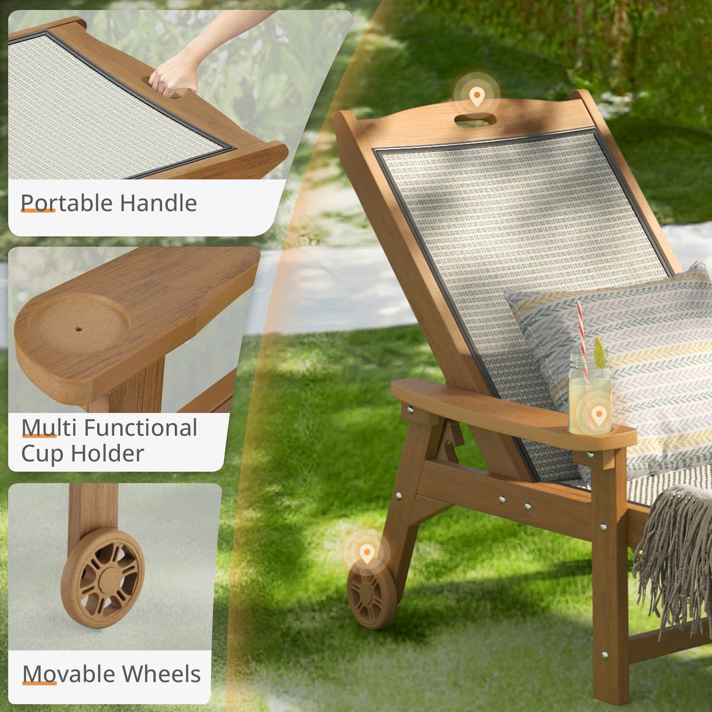 LUE BONA Chaise Lounge Chair Outdoor, HDPS and HDPE Wicker Material, Patio Lounge Chair with Adjustable Backrest, Resin Pool Lounge Chairs with Wheels for Backyard, Poolside and Deck,Teak