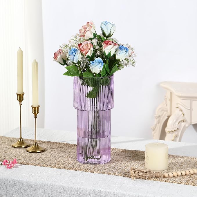 Purple Glass Vase, 12 Inches Tall Vase for Flowers, Large Flower Vases for Bouquet, Modern Purple Glass Vases for Living Room, Dining Table, Office, Entryway, Mantle, Shelf, Wedding Gifts